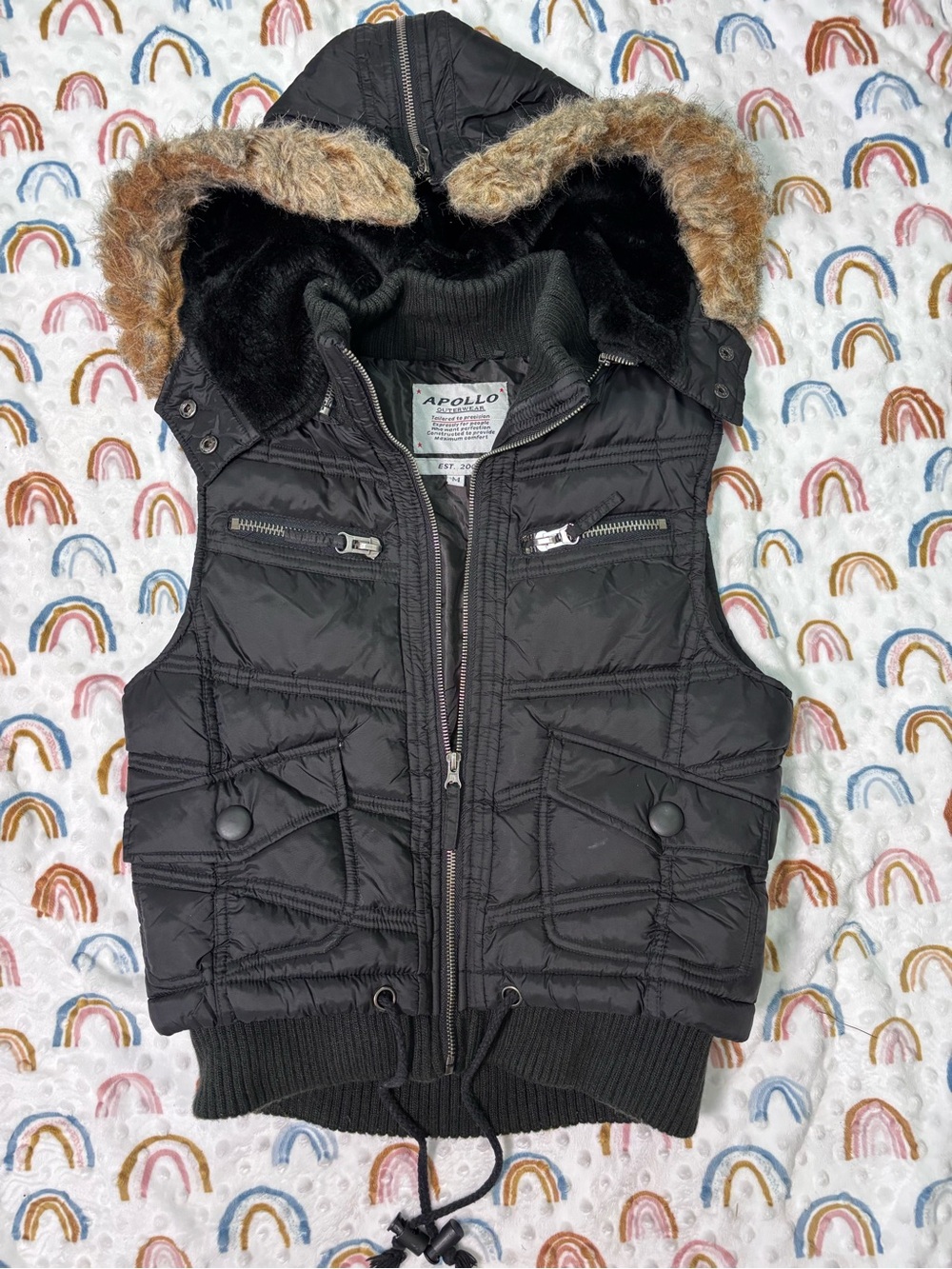 Apollo Women’s Black Quilted Hooded Vest with Detachable Faux Fur Trim size M
